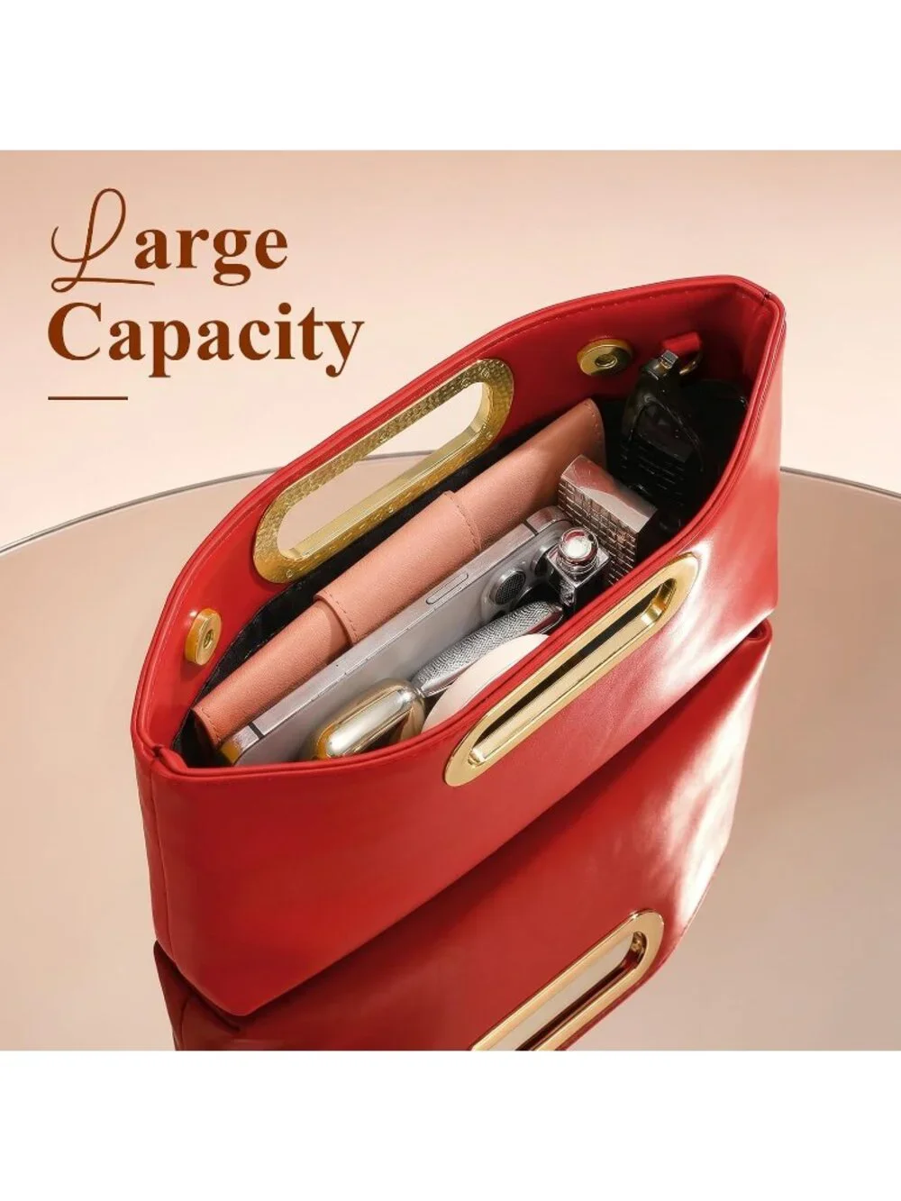 Women's Red Clutch Handbag Modern Faux Leather with Metal Handle Evening Bag